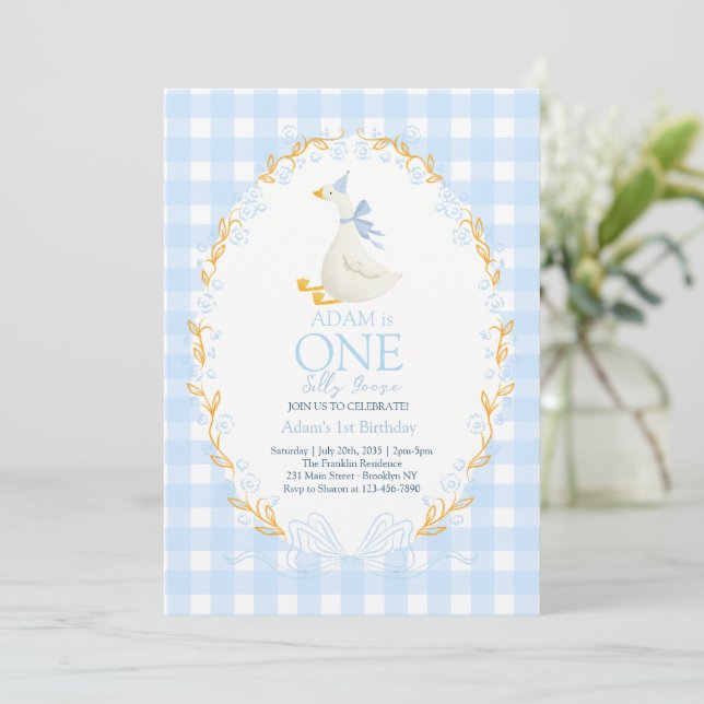 Invitation Bleu Un Oie Folle 1er Anniversaire (Debout devant)