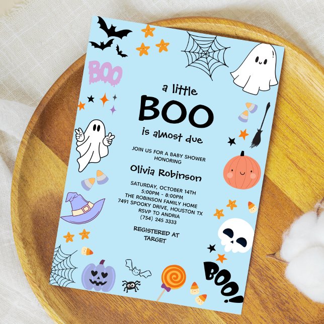 Invitation Bleu Un Petit Boo Cute Ghost Baby shower Halloween (Blue A Little Boo is Almost Due Cute Ghost Halloween Baby Shower Invitation )