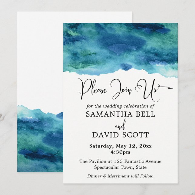 Invitation Bleu Vert Aqua Aquarelle Mariage Moderne 1 (Devant / Derrière)