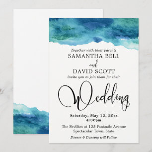 Invitation Bleu Vert Aqua Aquarelle Mariage Moderne 3
