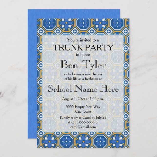 Invitation Bleu Vert Blanc Ethnic Mosaic Trunk Party (Devant / Derrière)