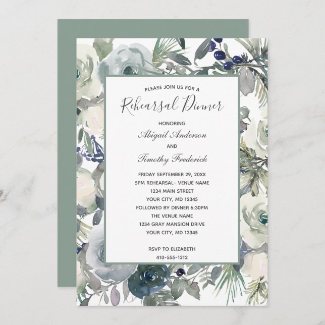 Invitation Bleu Vert Blanc Floral Élégant Dîner de répétition (Devant / Derrière)