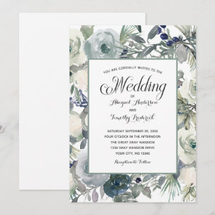 Invitation Bleu Vert Blanc Floral Élégant Formel Mariage 