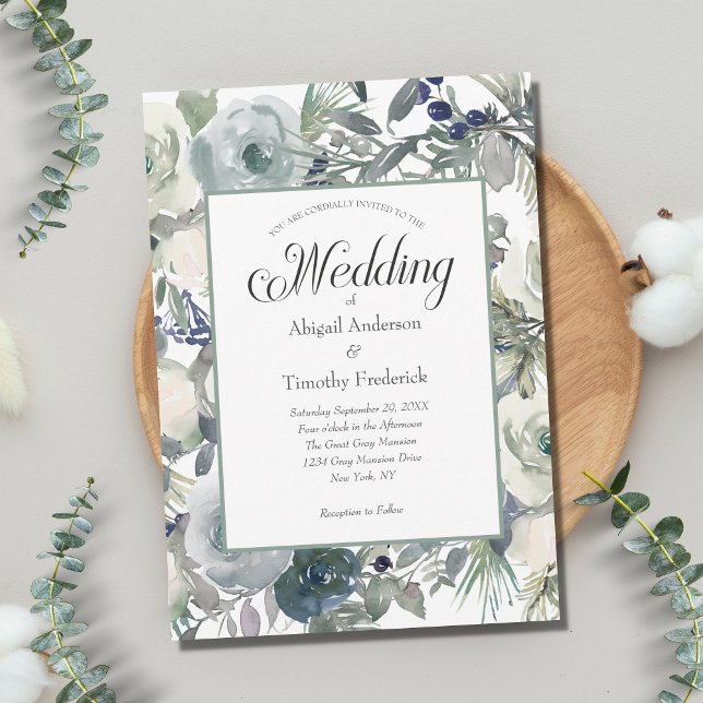 Invitation Bleu Vert Blanc Floral Élégant Formel Mariage  (Créateur téléchargé)