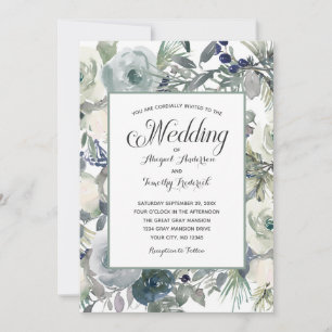 Invitation Bleu Vert Blanc Floral Élégant Formel Mariage