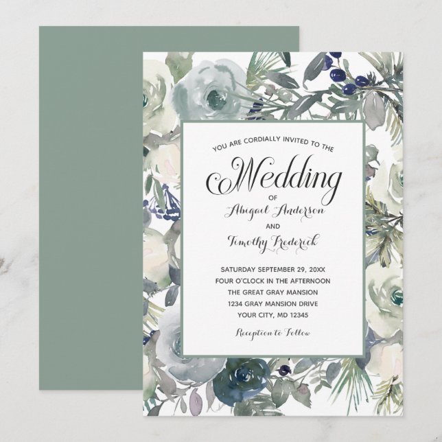 Invitation Bleu Vert Blanc Floral Élégant Formel Mariage  (Devant / Derrière)