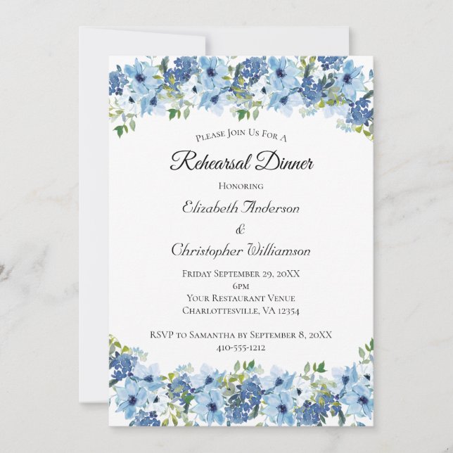 Invitation Bleu Vert Bohème Floral Aquarelle Dîner de Répétit (Devant)
