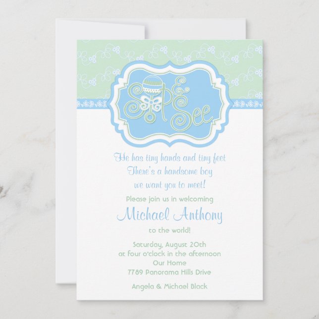 Invitation Bleu vert dentelle crochet Sip N Voir Baby shower (Devant)