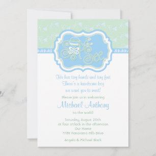 Invitation Bleu vert dentelle crochet Sip N Voir Baby shower