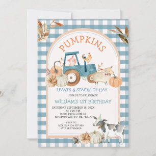 Invitation Bleu vert En vichy Citrouille Ferme Animaux Annive