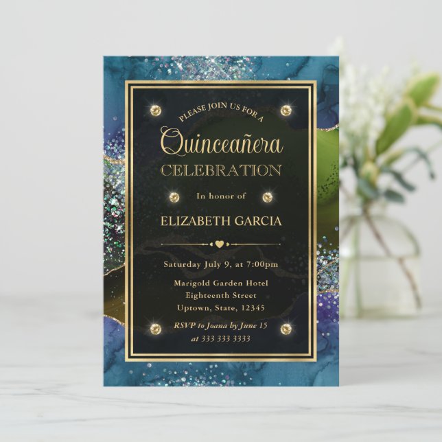 Invitation Bleu, Vert et Or Paillettes Agate Quinceanera (Debout devant)