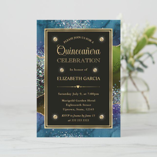 Invitation Bleu, Vert et Or Paillettes Agate Quinceanera (Debout devant)