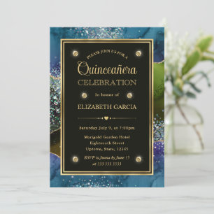 Invitation Bleu, Vert et Or Paillettes Agate Quinceanera