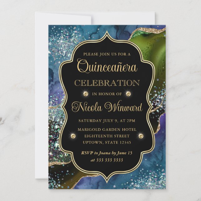 Invitation Bleu, Vert et Or Paillettes Agate Quinceanera (Devant)