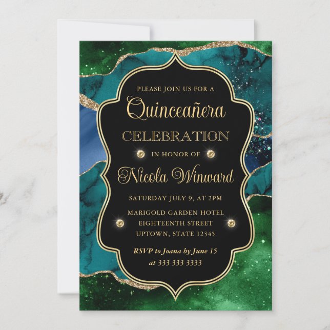 Invitation Bleu, Vert et Or Paillettes Agate Quinceanera (Devant)