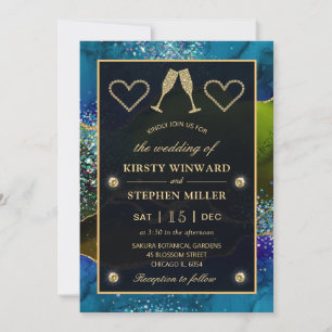 Invitation Bleu, Vert et Paillettes d'Or Noces d'Agate de Pao