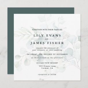 Invitation Bleu vert Eucalyptus Foliage Bouquet Mariage foncé