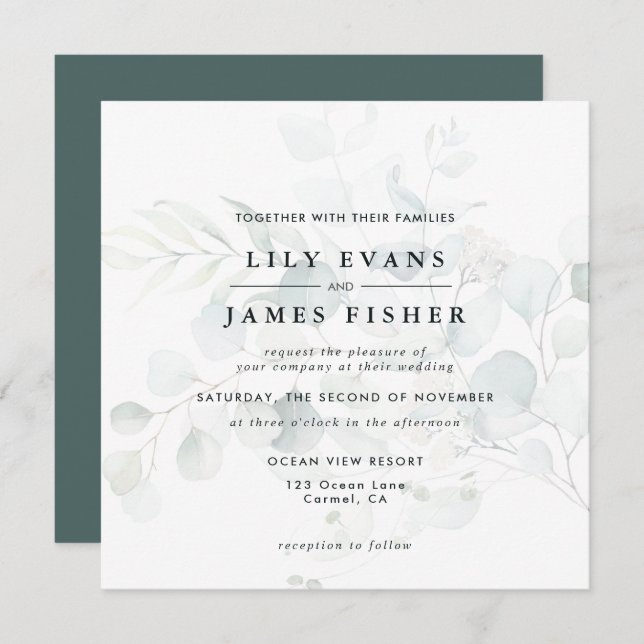 Invitation Bleu vert Eucalyptus Foliage Bouquet Mariage foncé (Devant / Derrière)