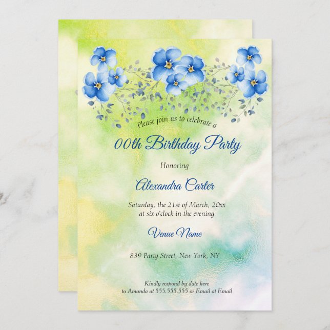 Invitation Bleu Vert Floral Aquarelle fête d'anniversaire (Devant / Derrière)