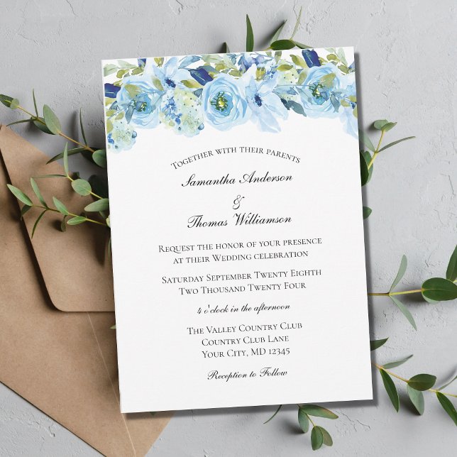 Invitation Bleu Vert Floral Élégant Mariage Formel (Créateur téléchargé)