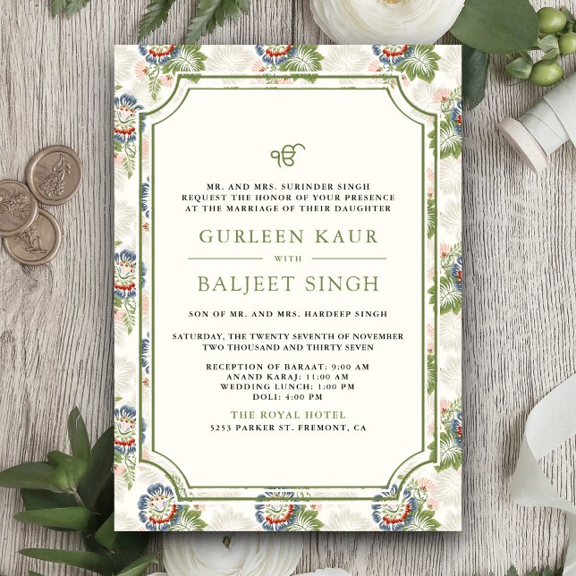 Invitation Bleu Vert Floral Ikat Anand Karaj Mariage Sikh (Créateur téléchargé)