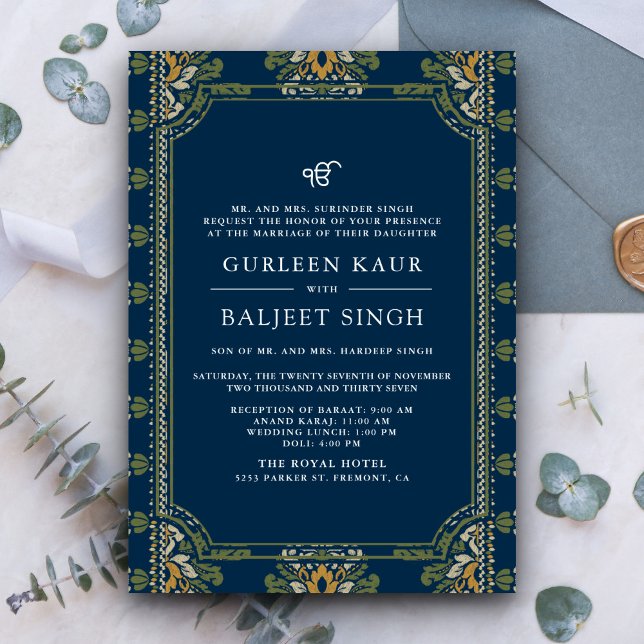 Invitation Bleu Vert Jaune  Ikat Anand Karaj Mariage Sikh (Créateur téléchargé)