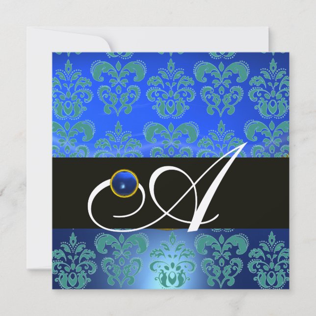 INVITATION BLEU VERT NOIR CHAMPAGNE DAMASSÉ MONOGRAMME (Devant)