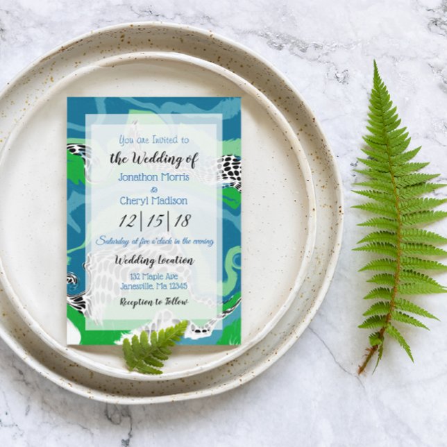 Invitation Bleu, vert noir et Marbre blanc Mariage (Créateur téléchargé)