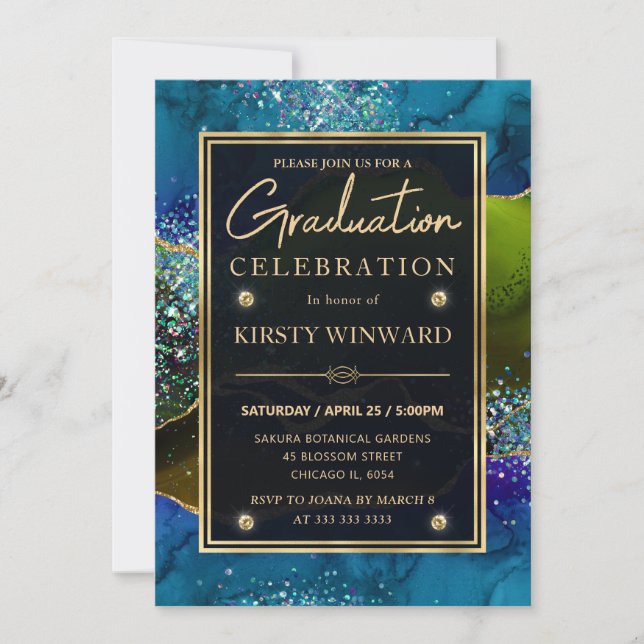 Invitation Bleu Vert & Or Paillettes Agate Paon Diplôme (Devant)