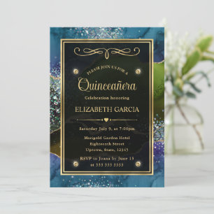 Invitation Bleu, Vert & Or Paillettes Agate Quinceanera