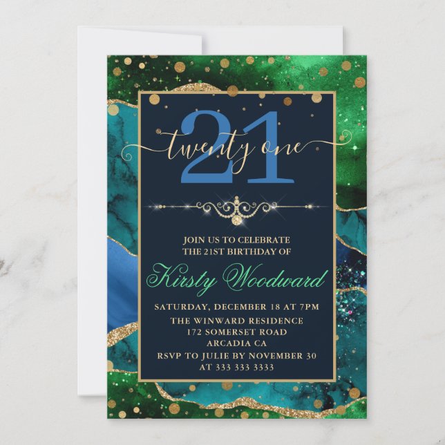 Invitation Bleu & Vert & Paillettes de Fausse Or Agate Annive (Devant)