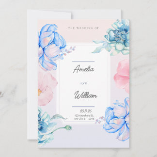 Invitation Bleu Vert Rose Floral Moderne Tendance Aquarelle