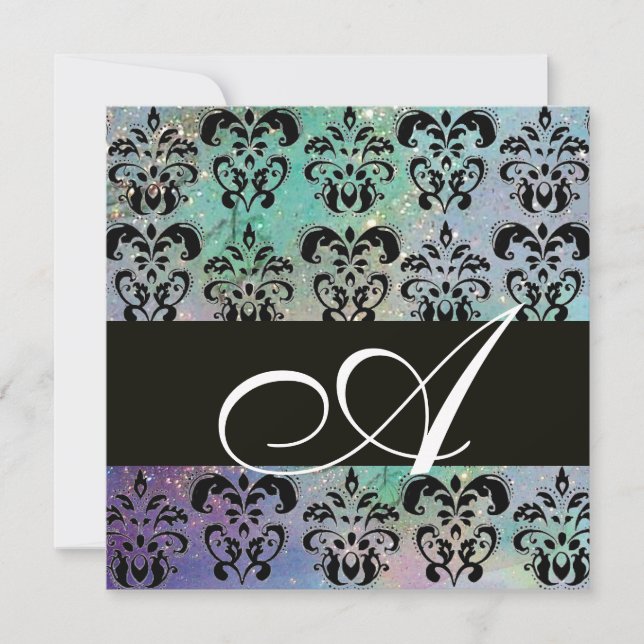 Invitation BLEU VERT SARCELLE NOIR DAMAS MONOGRAMME, blanc (Devant)