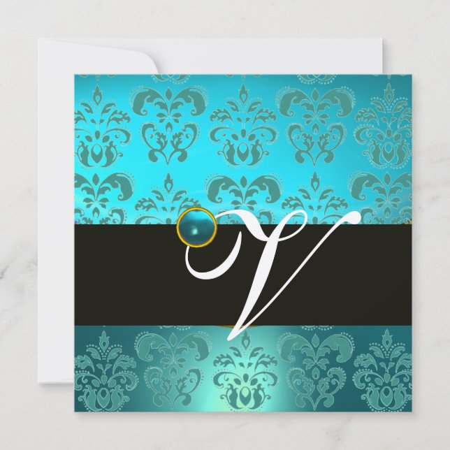 INVITATION BLEU VERT TURQUOISE BLACK OR DOMMASK MONOGRAM, (Devant)