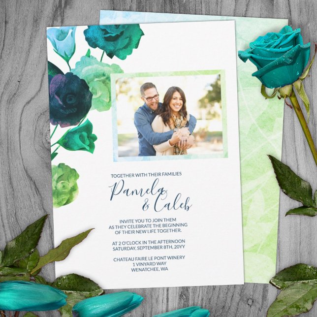 Invitation Bleu, Vert, Turquoise Botanique Rose Mariage (spring springtime wedding bright green teal green roses botanical garden wedding invitations)
