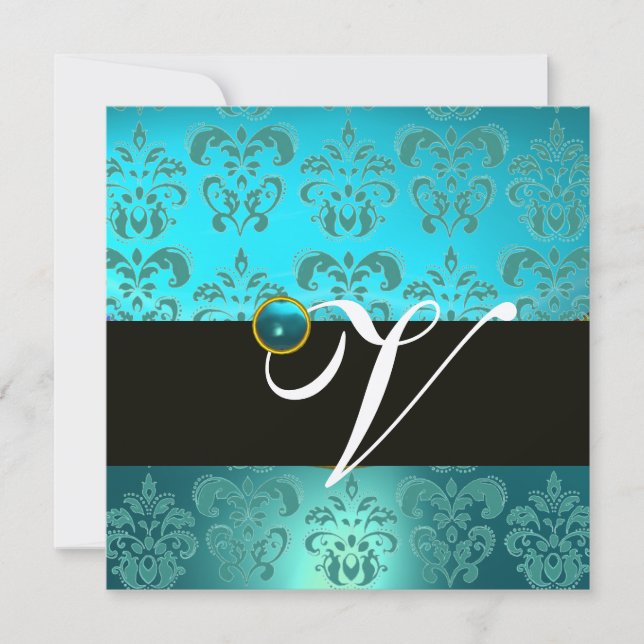 INVITATION BLEU VERT TURQUOISE NOIR OR DAMAS MONOGRAMME (Devant)