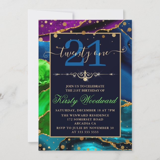 Invitation Bleu Vert & Violet & Paillettes d'Agate Or Anniver (Devant)