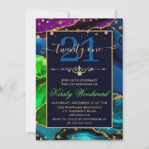 Invitation Bleu Vert & Violet & Paillettes d'Agate Or Anniver