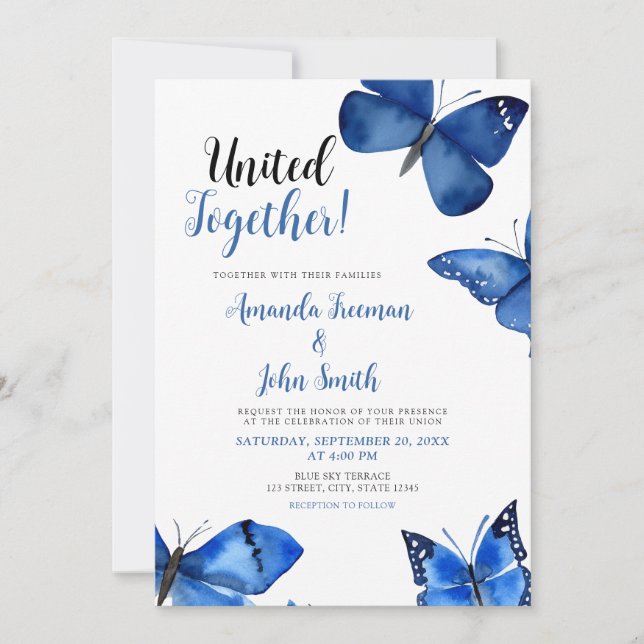 Invitation Bleu Vibrant Papillons Chic Mariage (Devant)