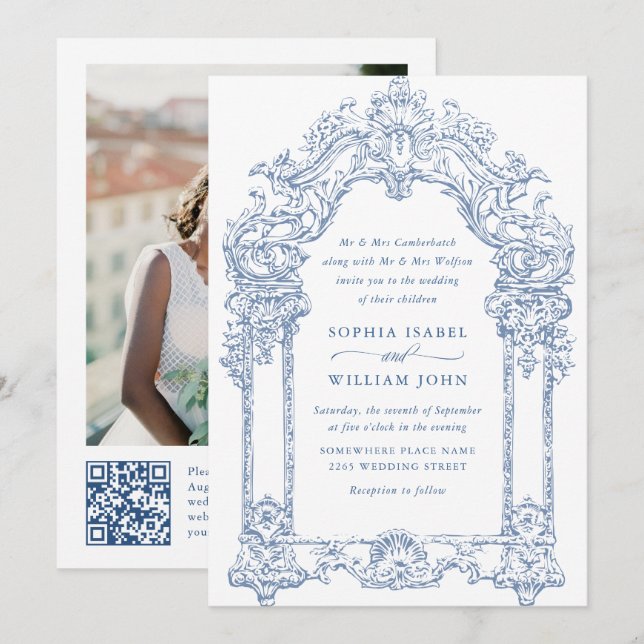 Invitation Bleu Victorian Ornate Grace Floral Mariage QR code (Devant / Derrière)