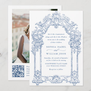 Invitation Bleu Victorian Ornate Grace Floral Mariage QR code