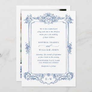 Invitation Bleu Victorian Ornate Grace Floral Mariage QR code