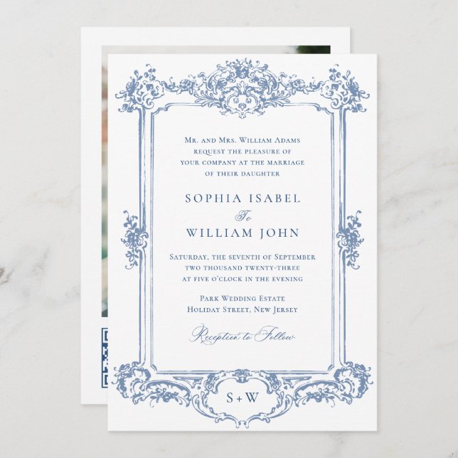 Invitation Bleu Victorian Ornate Grace Floral Mariage QR code (Devant / Derrière)