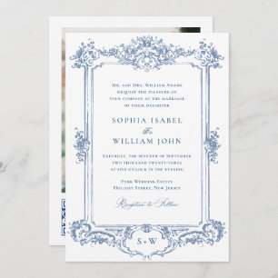 Invitation Bleu Victorian Ornate Grace Floral Mariage QR code