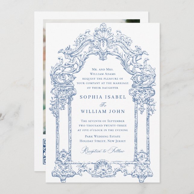 Invitation Bleu Victorian Ornate Grace Floral Mariage QR code (Devant / Derrière)