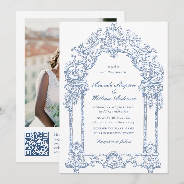 Invitation Bleu Victorian Ornate Grace Floral Mariage QR code (Devant / Derrière)