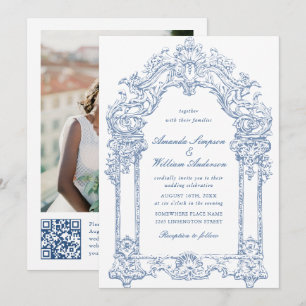 Invitation Bleu Victorian Ornate Grace Floral Mariage QR code