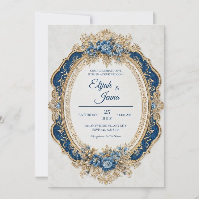 Invitation Bleu Victorien Avec Élégant Mariage Floral (Devant)