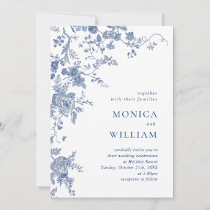 Invitation Bleu victorien Français Floral Photo Code QR Maria