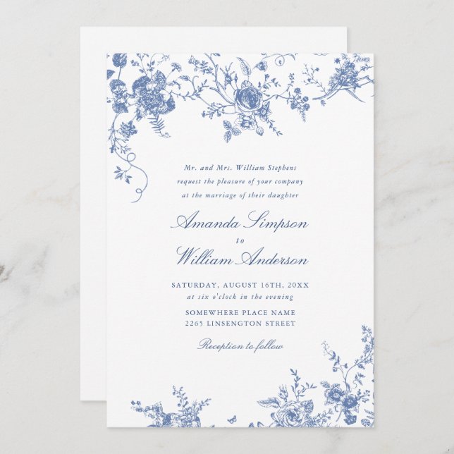 Invitation Bleu victorien Jardin Français Mariage Floral (Devant / Derrière)